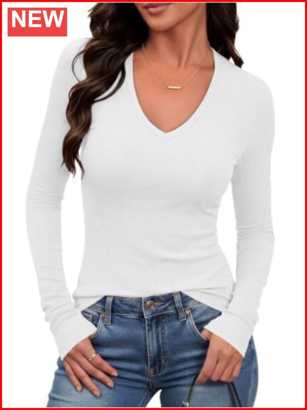 Women's Ribbed Knit Deep V Neck Long Sleeve Fitted Top